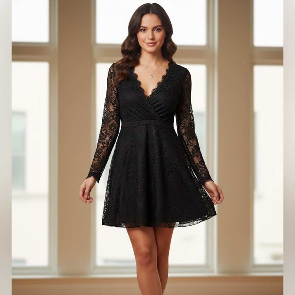 Black Lace Long Sleeve Skater Dress